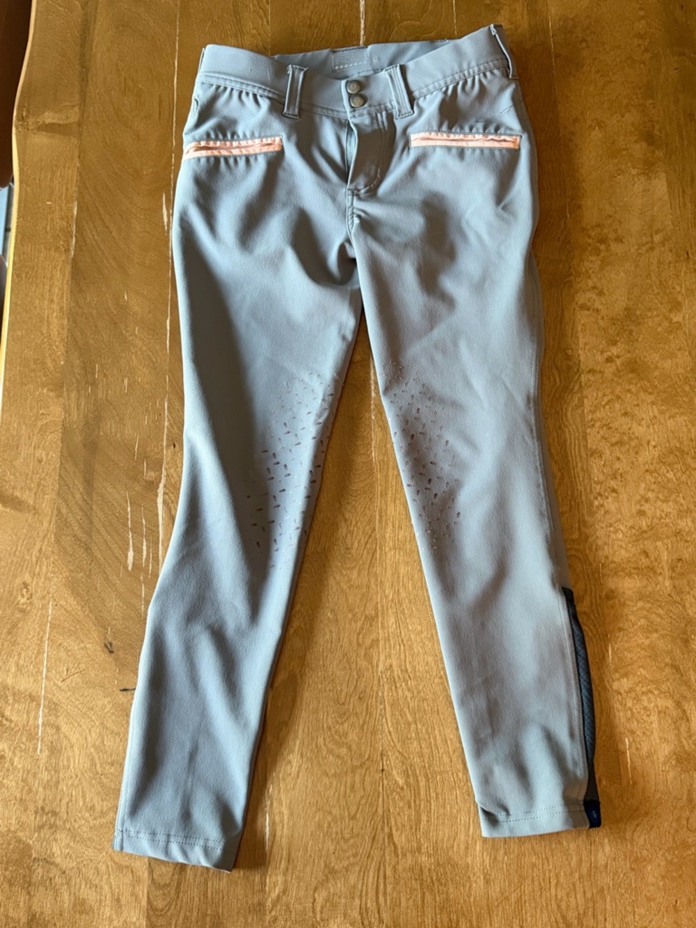 Girls' Light Gray Performance Riding Leggings with Pink Trim